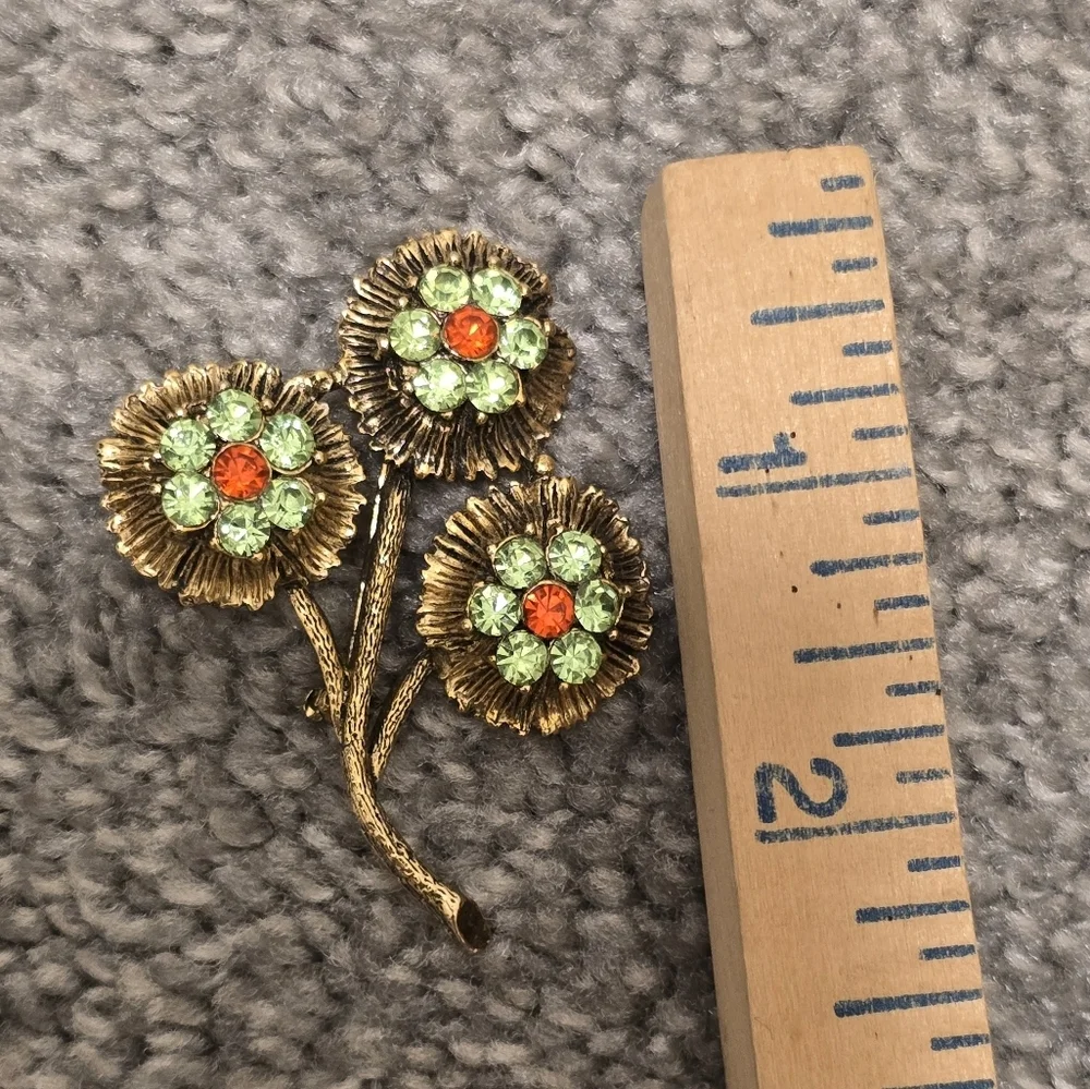 Gold Floral Brooch with Green and Orange Accents Vintage Metal Charm Assessory